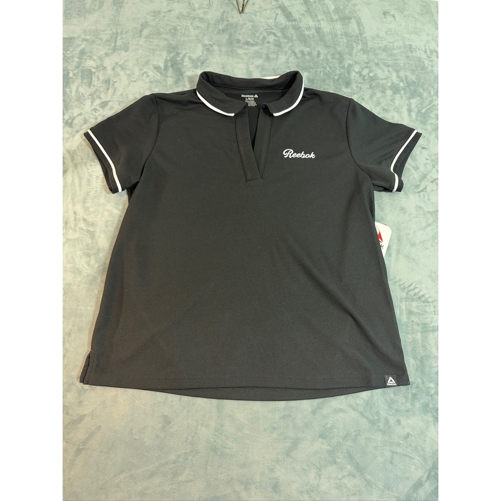 Reebok RBK-DRY Womens Slim Fit Polo Shirt Black White Piping Size L NWT